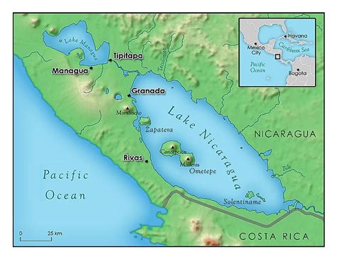 Nicaragua map of Köppen climate classification. Nicaragua occupies a landmass of 130,967 km 2 (50,567 sq mi), which makes it slightly larger than England. ... Lake Nicaragua is the largest freshwater lake in Central America (20th largest in the world), ...